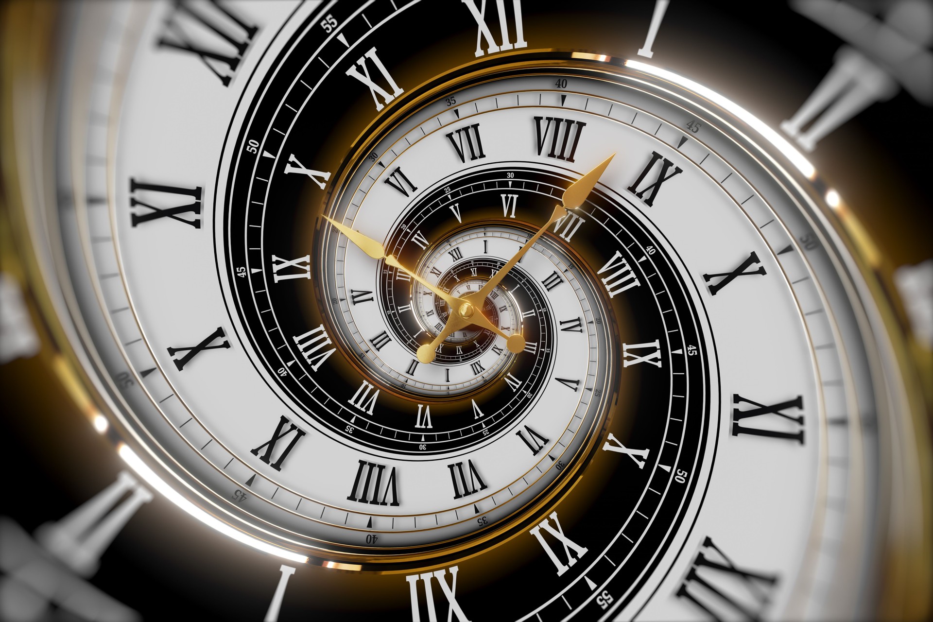 Abstract modern white spiral clock dial. Infinite time concept.